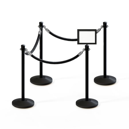 MONTOUR LINE Stanchion Post and Rope Kit Black, 4CrownTop 3Blk Rope 8.5x11H Sign C-Kit-3-BK-CN-1-Tapped-1-8511-H-3-PVR-BK-PS